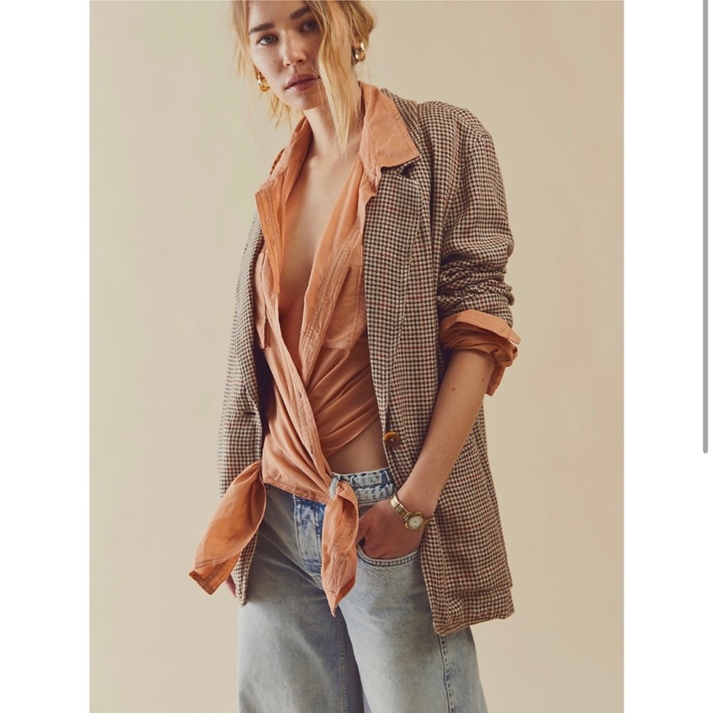 Free People XS brown Plaid Beckett Boyfriend Blazer